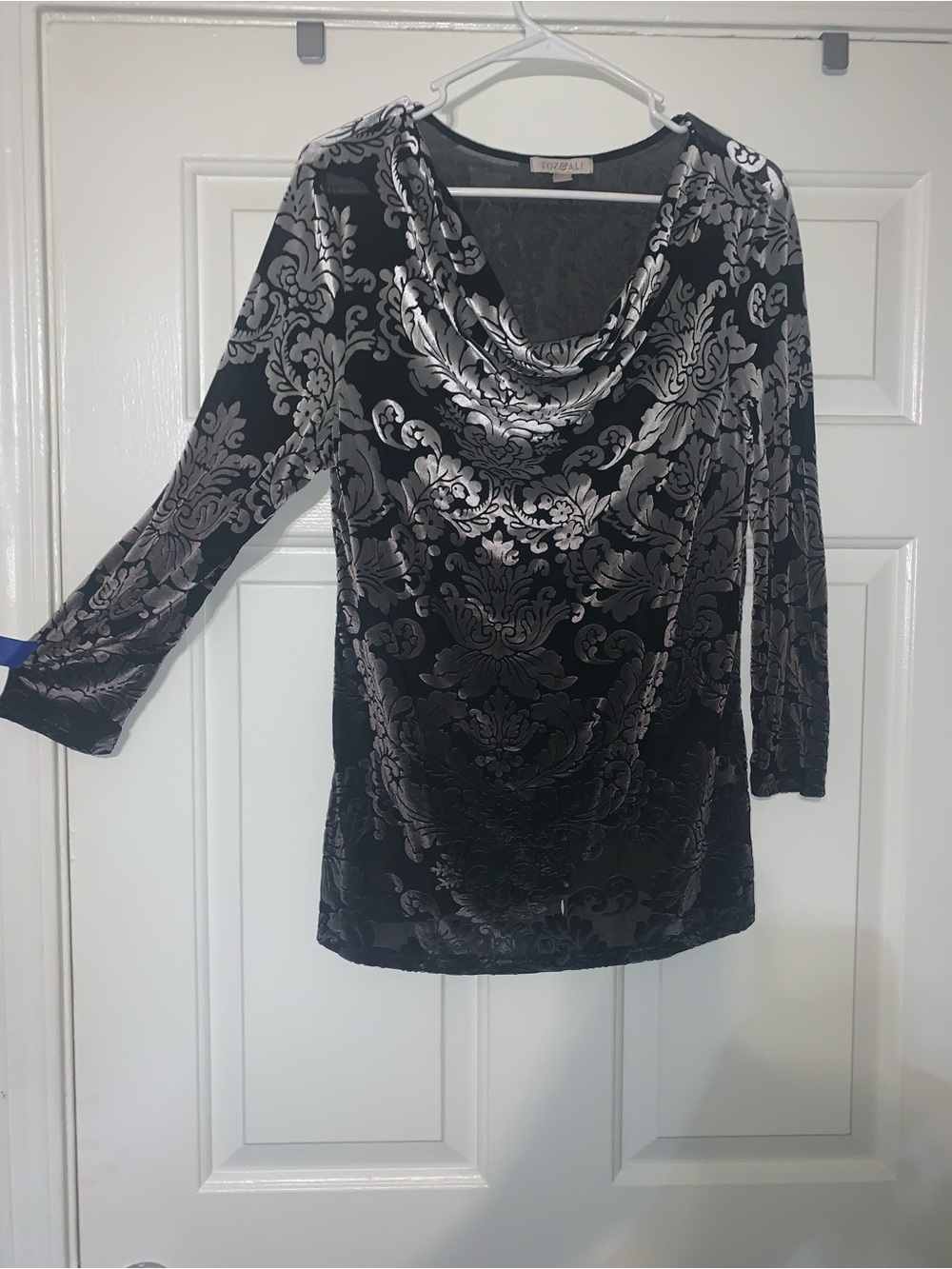 Roz & Ali Black Velvet Burnout Cowl Neck Top with Silver Damask (Size Small